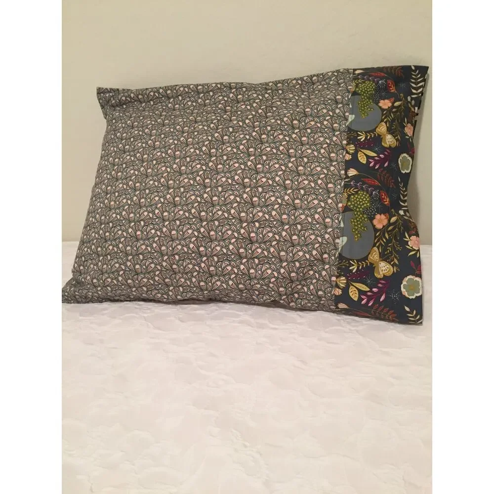 One Handmade Cotton Pillowcase: Abstract Design, Gray and Pink with Floral Band